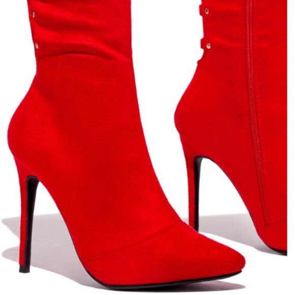 NEW !! Stretchy Over the Knee Lace Up Boots in Red - Picture 3 of 10